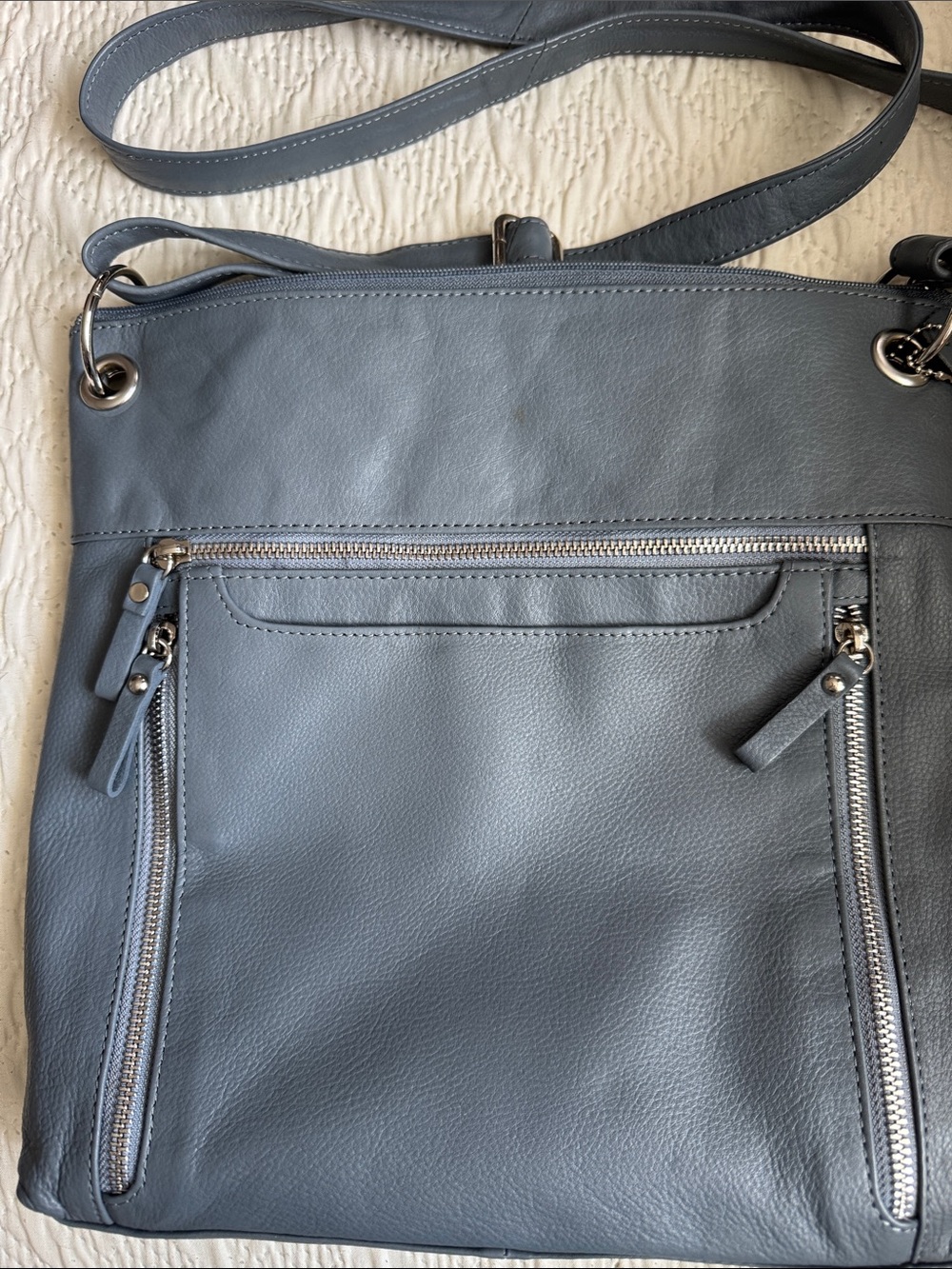 Classic Women’s Slate Blue Leather Shoulder Bag with Front Zips